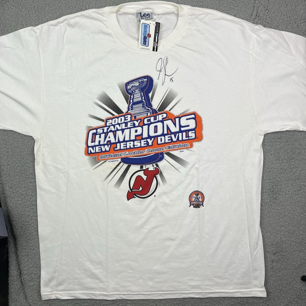 VTG New jersey Devils T-Shirt Stanley‎ Cup Champions White Lee Sports Signed XL